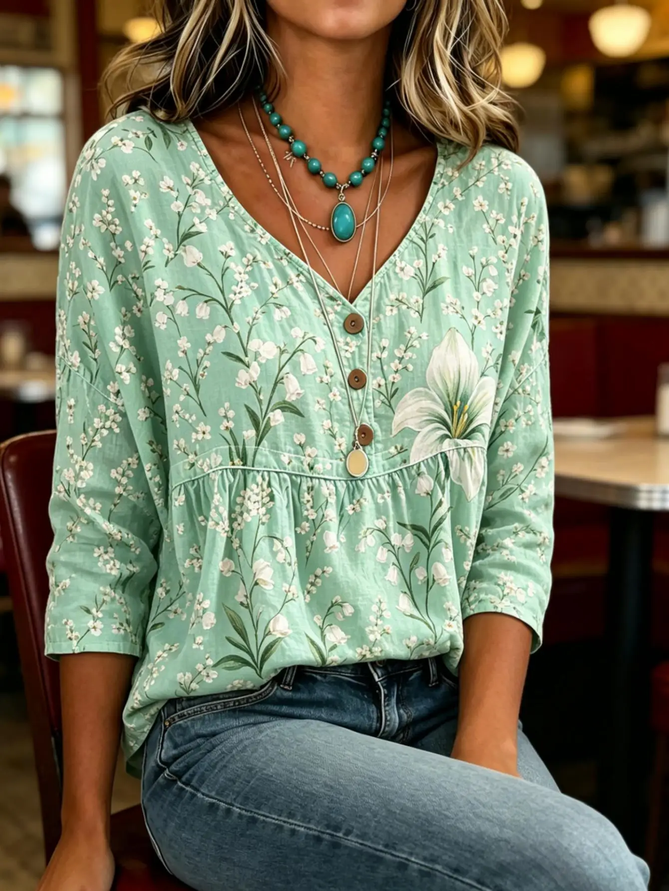 Women Green Flower  Print V Neck Half Button 3/4 Sleeve Peplum Blouse Loose Babydoll Casual Daily Top