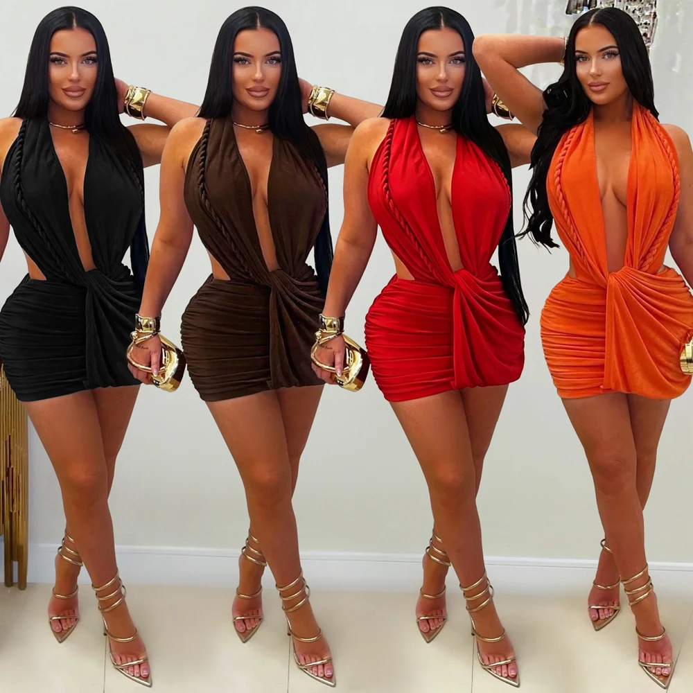 2026 Neues Damen Geflochtenes Wickelkleid mit Neckholder, Tiefem Ausschnitt und Rückenausschnitt, Sexy Geballtes Minikleid mit V-Ausschnitt für Geburtstag und Clubwear – Detail 2