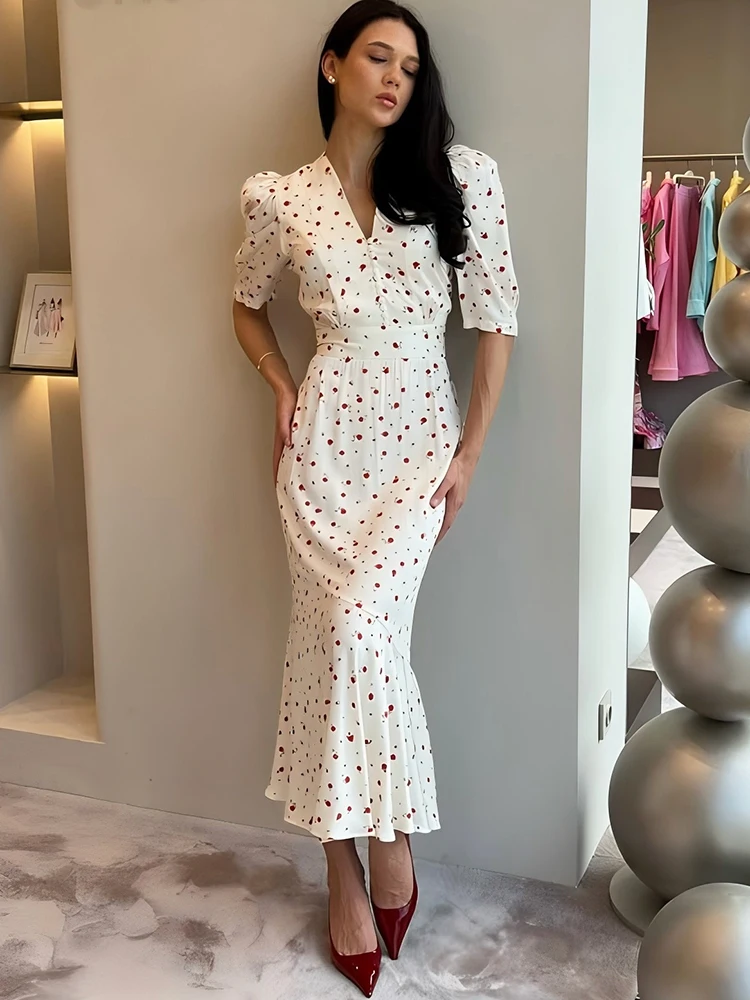 Oniflyme Sukienka maxi z nadrukiem i bufiastymi rękawami Moda damska Guziki Dekolt w szpic Krótki rękaw Bodycon Streetwear Seksowne damskie szaty imprezowe