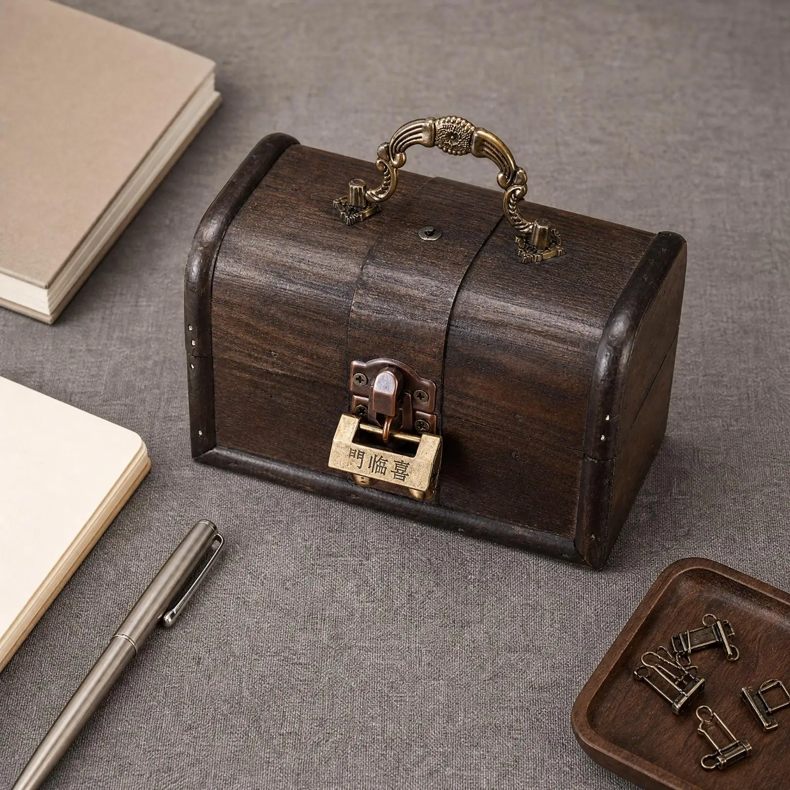 MDF Keepsake Box with Metal Handle Compact Small Desktop Chest with Hinged Lid Lightweight Wooden Storage Chest for Bedside