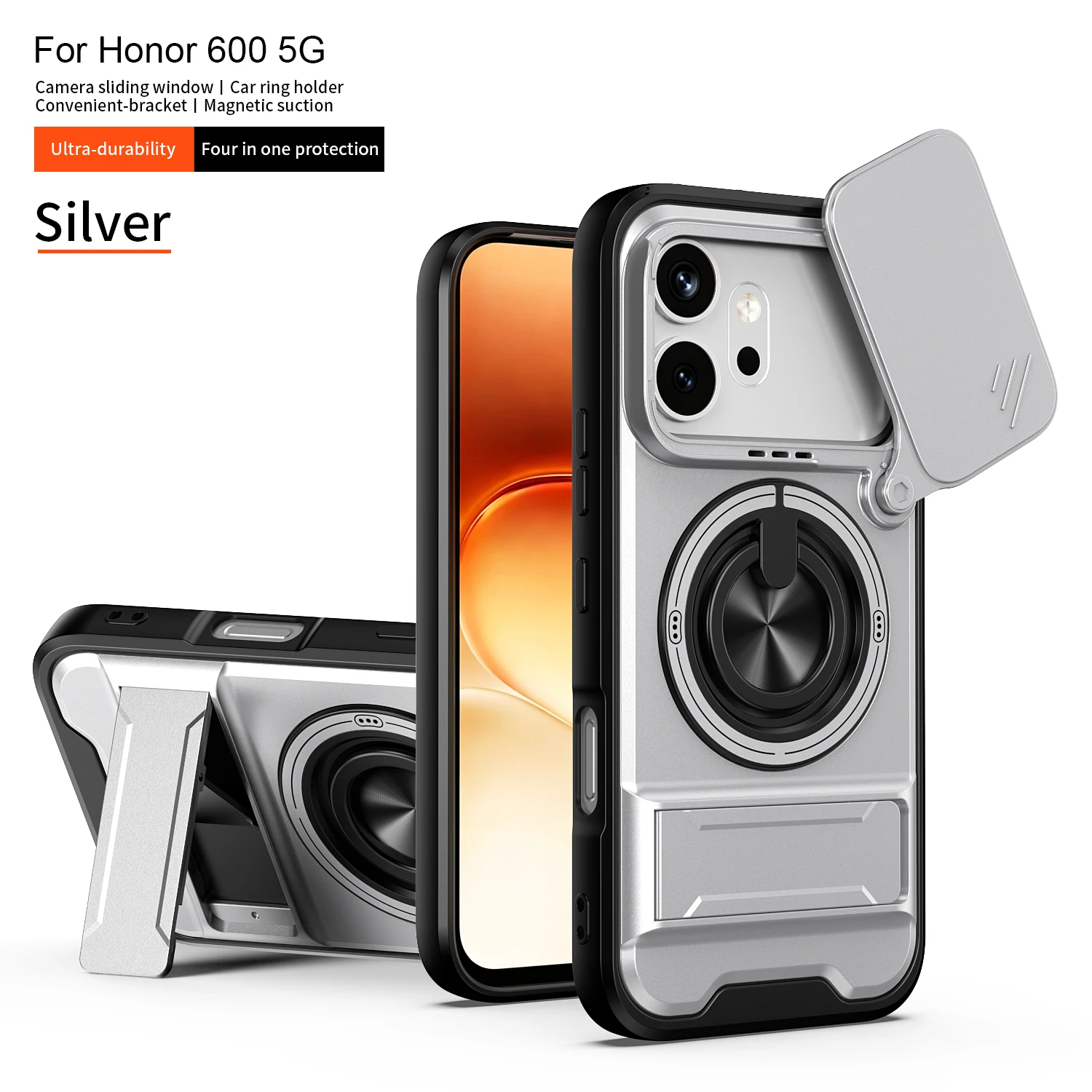 Coque de téléphone antichoc Armor pour Honor 600 Honor 600 Pro 5G, avec capuchon de caméra coulissant, anneau magnétique intégré, béquille de protection, Funda
