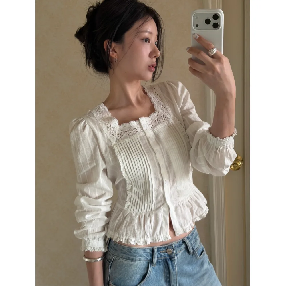 

Korean Style Bubble Sleeve Shirt Women's Fashionable Lace Trim Pleated Heavy Embellished Top for Spring Autumn Winter