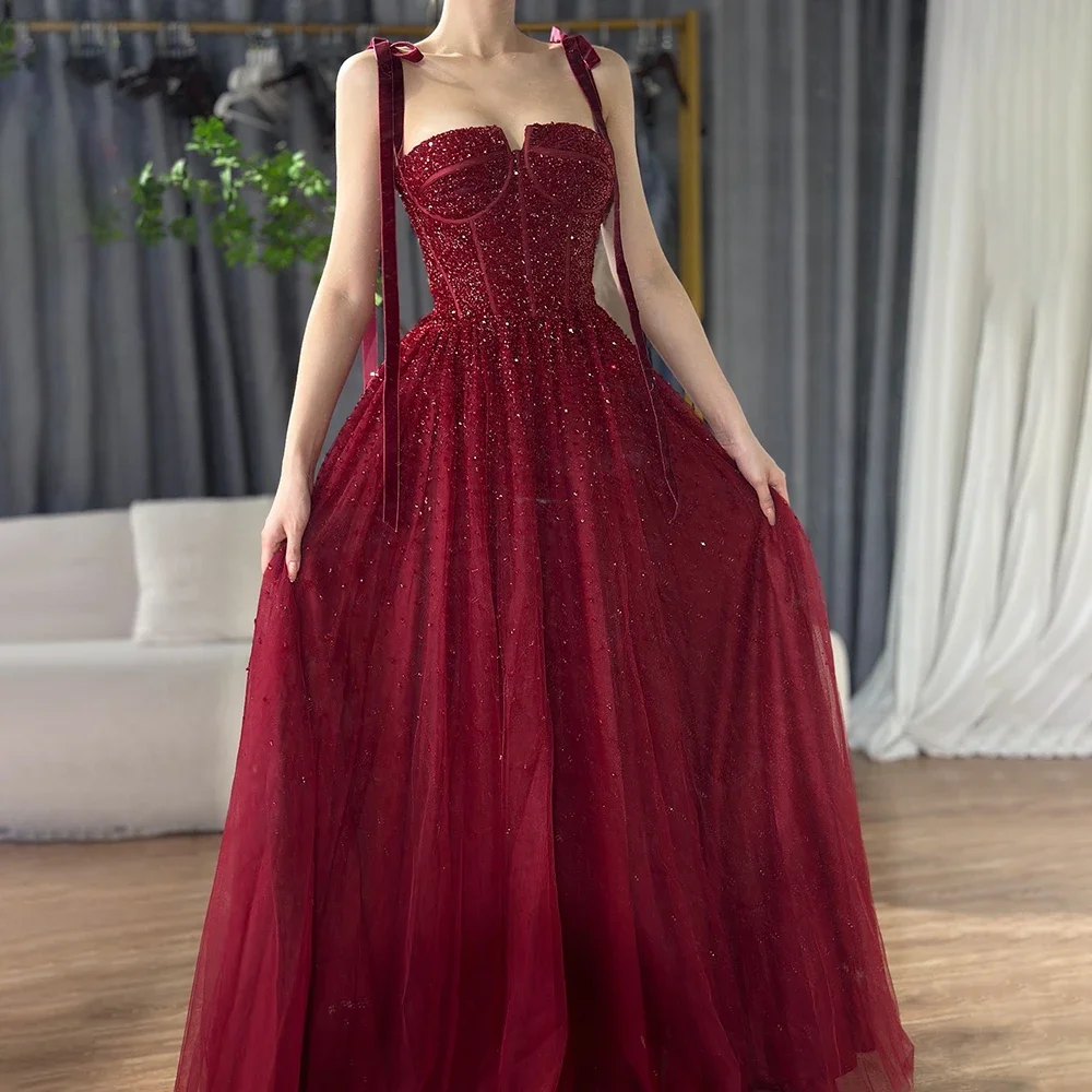 Serene Hill 2024 Saudi Wine Red Beaded Evening Gown Spaghetti Strap A-Line  Floor-Length for  Occasion LA70600A Customized