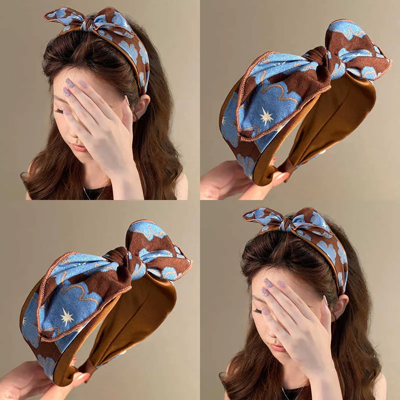 

Высококачественная изысканная темно-коричневая повязка для волос с заячьими ушками, женская нерегулярная прессованная повязка для волос с широкими краями, аксессуары для мытья лица
