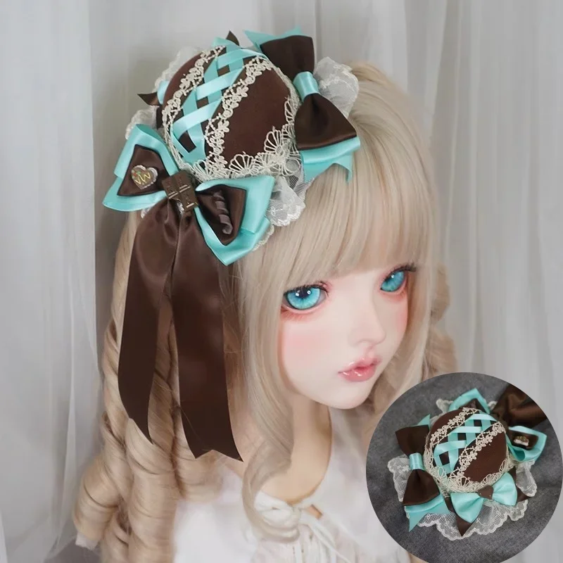 

Милая шляпка ручной работы в стиле Лолита, мятно-шоколадная, с кружевным бантом, элегантное украшение для волос, аксессуар для девушек в стиле Лолита, милый женский головной убор.
