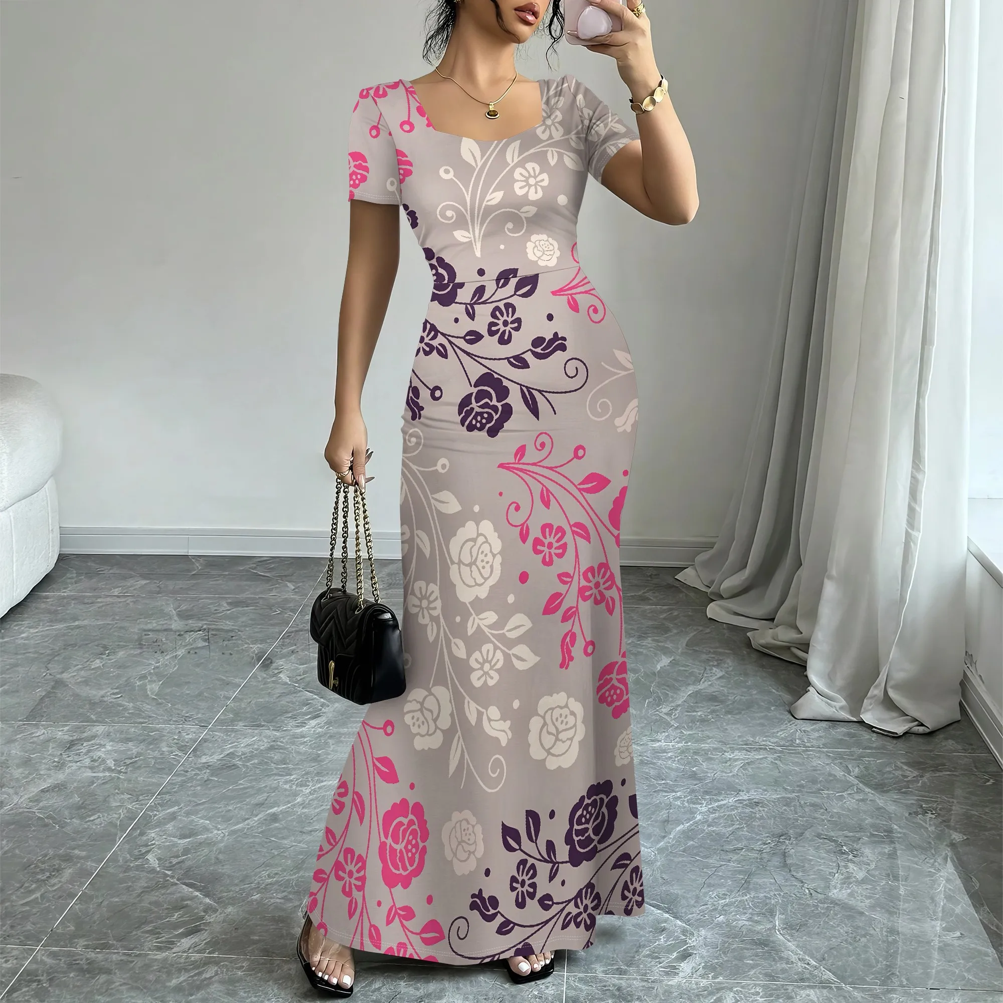 

Nupusa Floral Print Dress for Women Standard Size Summer Casual Square Neck Short Sleeve Maxi Dress