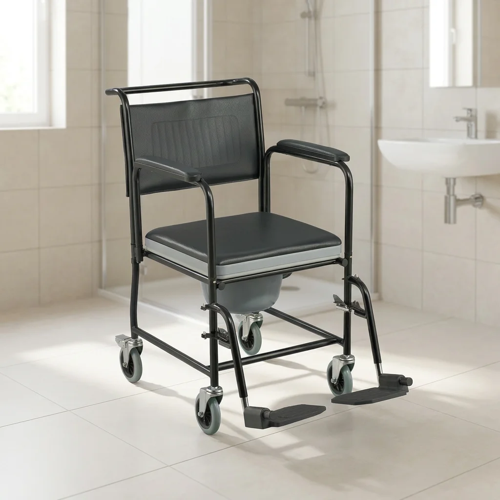 Black Steel Adjustable Folding Commode Chair with Wheels, Bathroom Safety, CE ISO UKCA Certified, Elderly Disabled Use