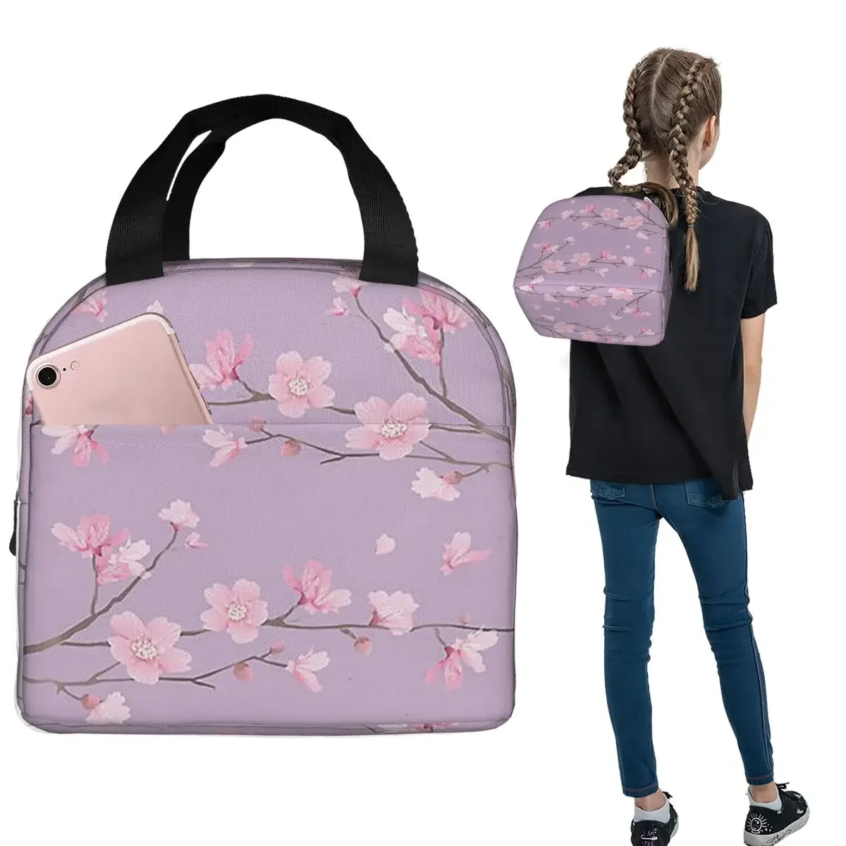 Cherry Blossom Flower Plant - Pastel Purple Insulated Lunch Bag for Women Kids Portable Food Boxes Thermal Lunch Box Tote