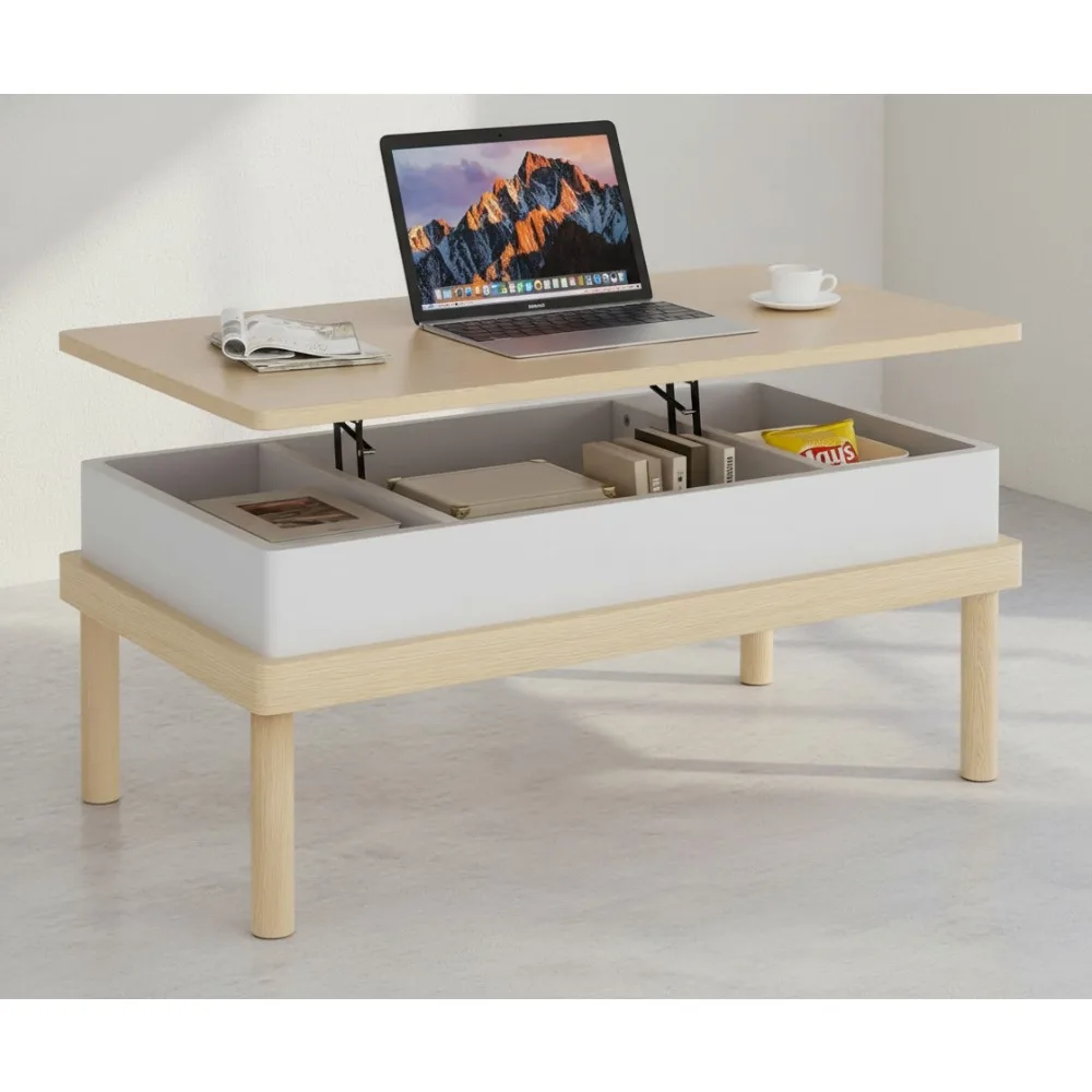 

Lift Top Coffee Table with Hidden Storage, Hydraulic Rising Dining Table for Living Room, Office & Home Use (Oak Finish)
