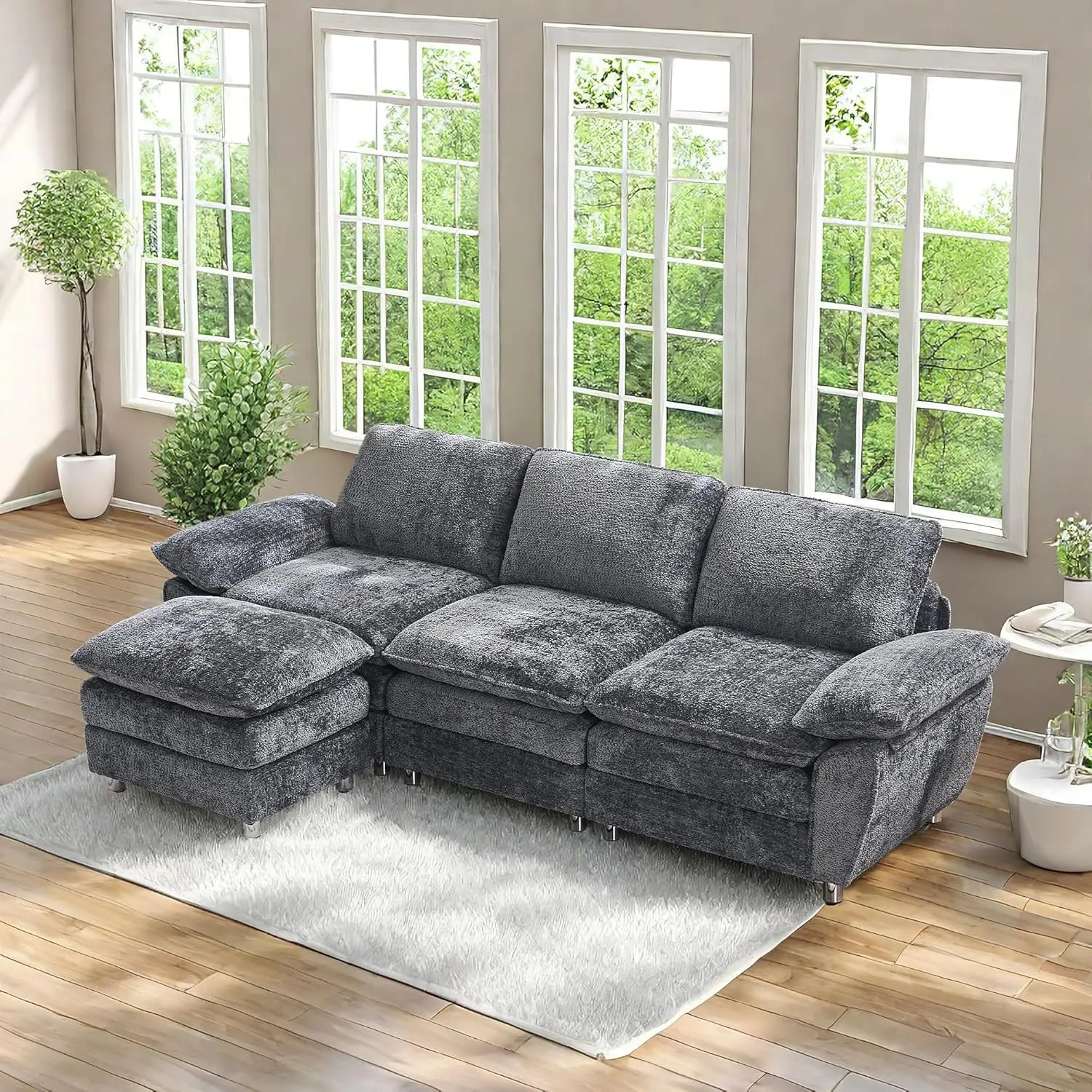 

101.6" Modular sectional Sofa, Chenille Cloud Sofa, Modern Dark 3-Seater Cloud Sofa with Ottoman