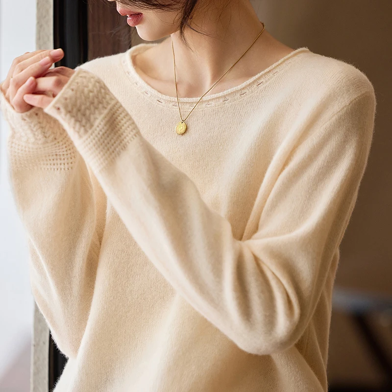 2025 NEW Pure Australian Wool Pullover Women Knitting Fashion Loose Sweater Edge Curl O-Neck Long sleeves High quality Tops