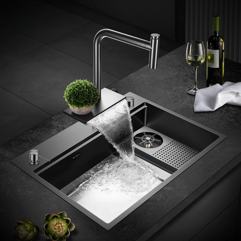 Kitchen nano black terracotta stainless steel sink side stepped cup washer large single slot