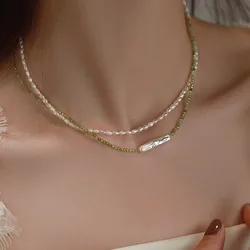 Minar Retro 2mm Freshwater Pearl Beaded Necklace For Women Real Gold Plated Copper Green Color Natural Stone Strand Chokers