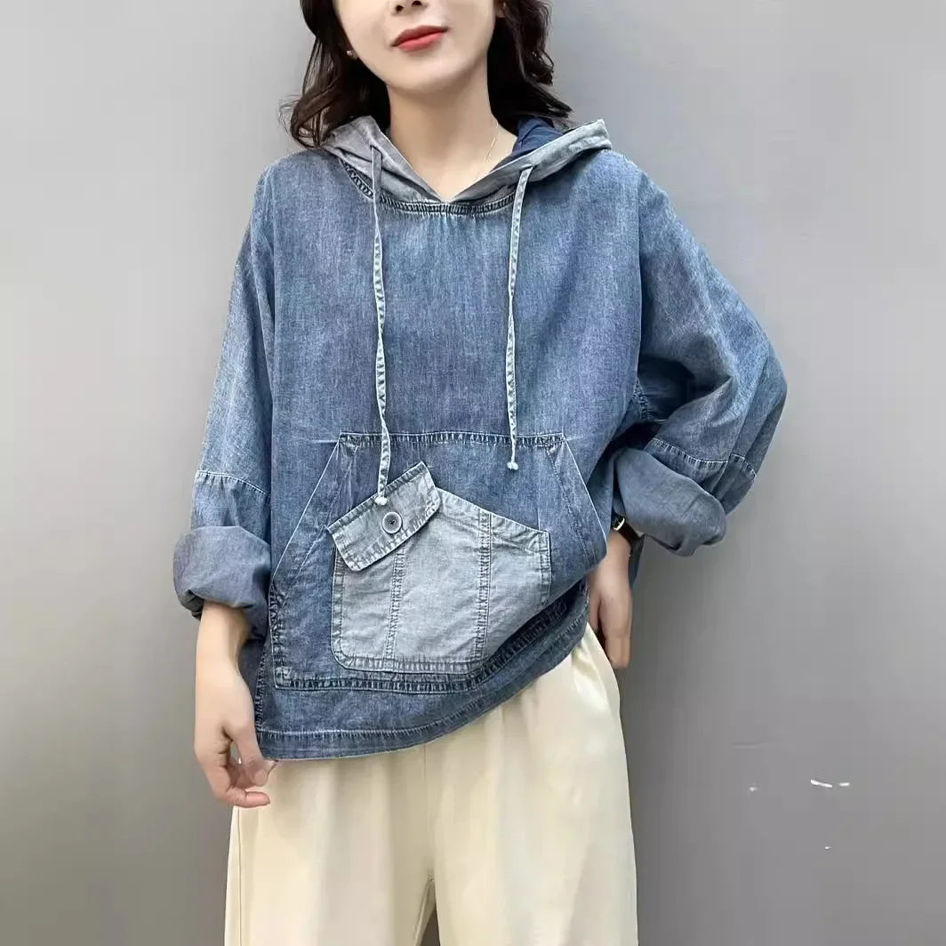 New Spring Oversized Fashion Denim Hoodies Womens Vintage Hooded Classic Loose Sweatshirts Ladies Harajuku Casual Korean Clothes