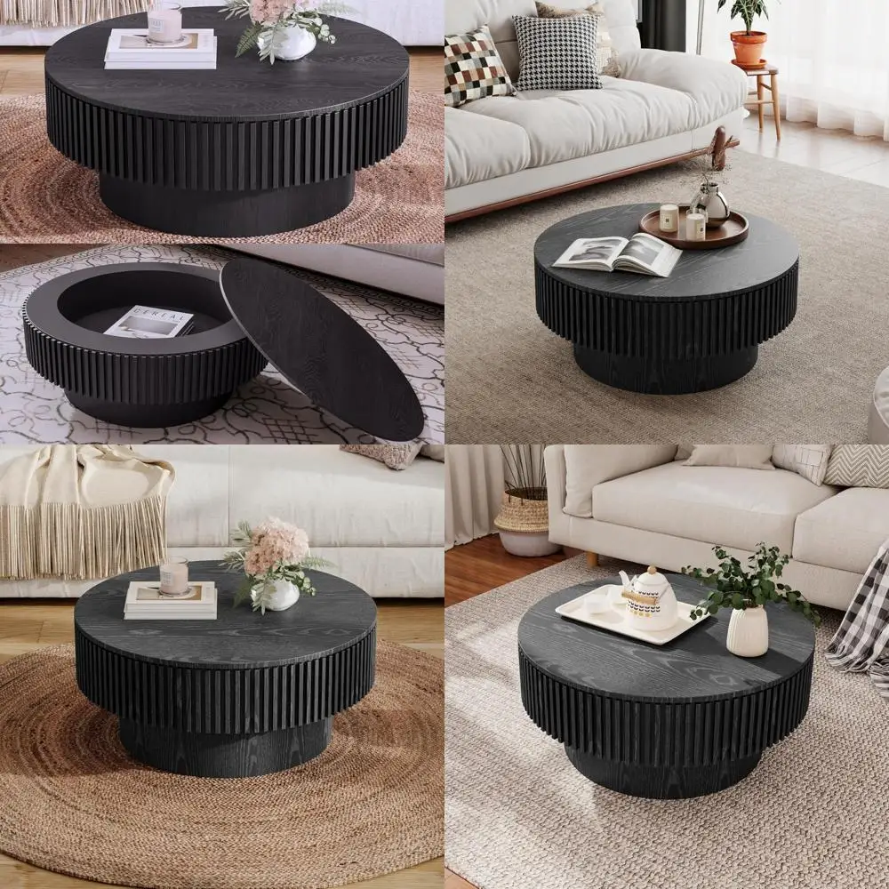 

Farmhouse Style Round Coffee Table with Storage, Suitable for Living Room, Apartment, and Office, Black Finish
