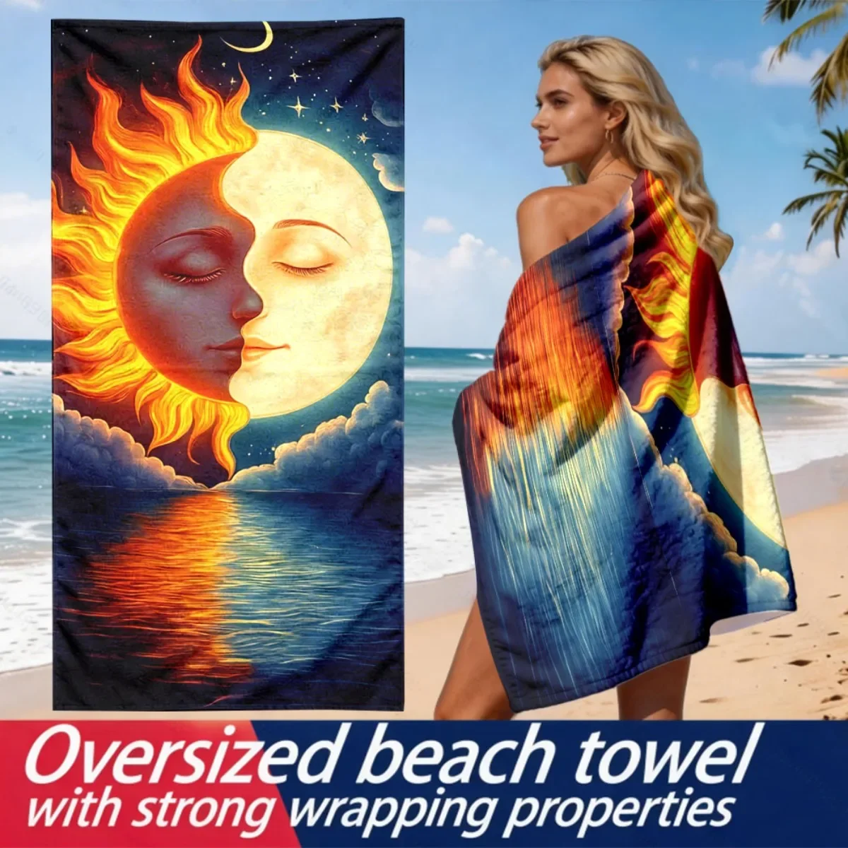 Personified day, moon, and yin-yang faces polyester microfiber beach towel is highly absorbent, suitable swimming beach outings