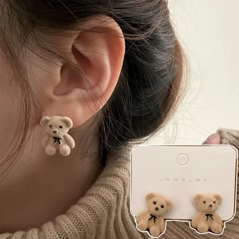 Cute Flocking Plush Bear Rabbit Stud Earrings for Women Trendy Fashion Brown Animal Bear Earring Jewelry Accessories Party Gifts