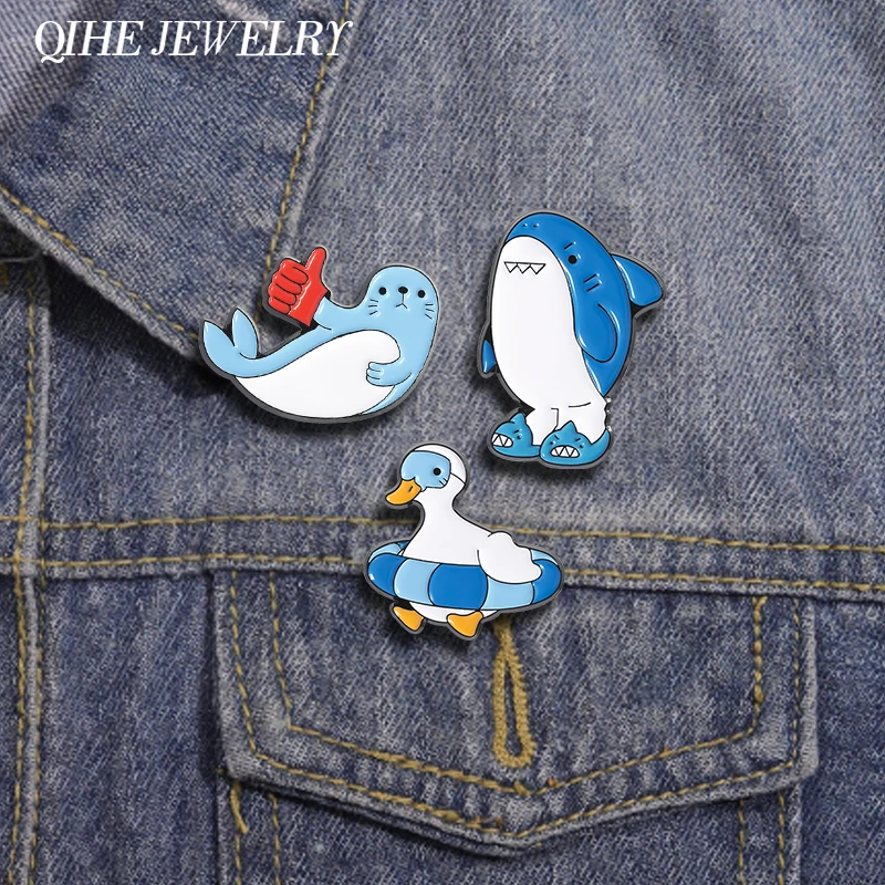 Marine Creatures Shark Otter Enamel Pin Cartoon Swimming Duck Slippers Gloves Animal Brooch Lapel Badge Jewelry Gift for Friends