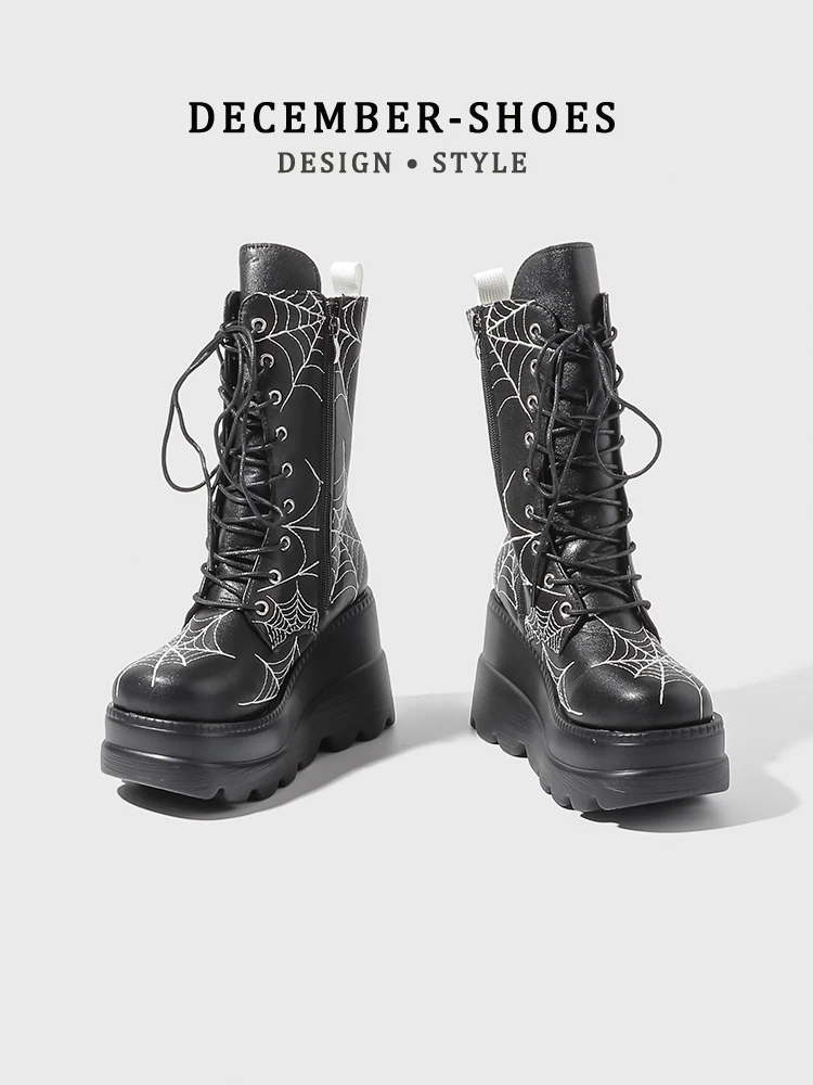 

Punk Sle Thi Bot Knight Boots Women's Y2K Gothic JK Spider Web Street Sle Mid-Calf Boots Faionable Youth oes