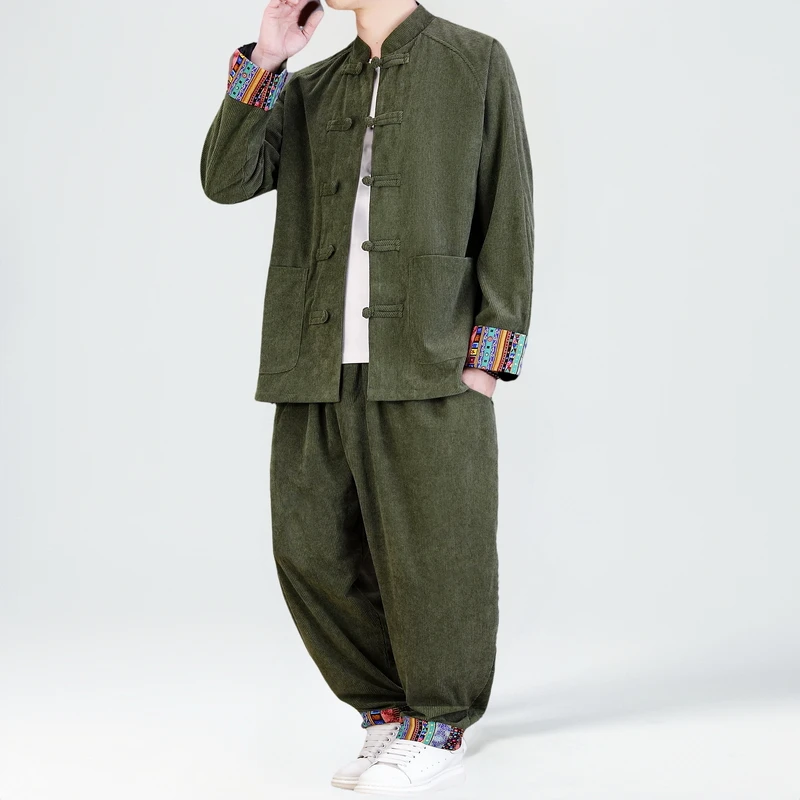 2026 Men Chinese Style Retro Tang Suit Men Corduroy Patchwork Set Printed Hanfu Mens Vintage Print Sets Male Casual Kung Fu Suit