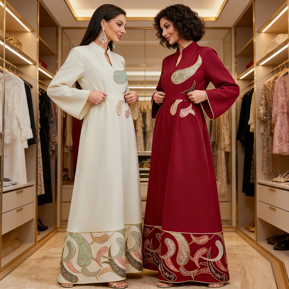 

Новое женское мусульманское макси-платье с поясом, абайя, джеллаба, дубайский кафтан, вышитая джалабия, марокканский кафтан, исламская одежда