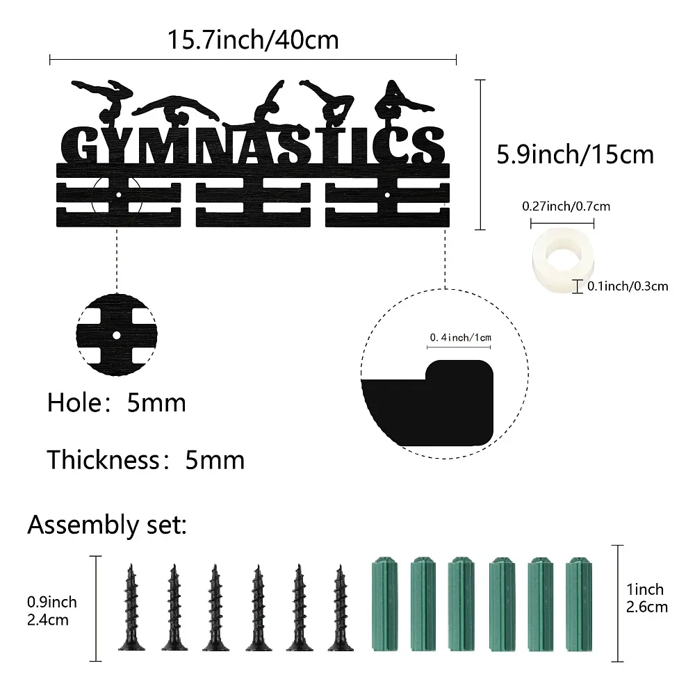 Wood Gymnastics Medal Holder Medal Hanger Display Rack Sport Medal Hanging Athlete Awards Wall Ribbon Medals Black 15.7x5.9Inch