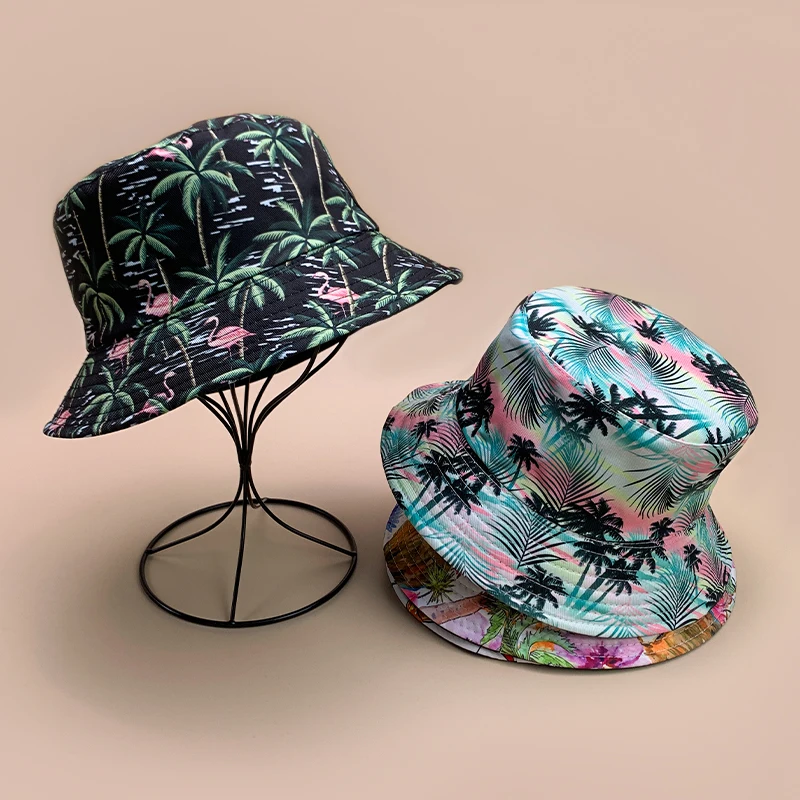 

Casual Print Coconut Tree Flamingo Bucket Hats New Unisex Versatile Travel Double Sided Wearable Sunshade Street Fisherman Caps