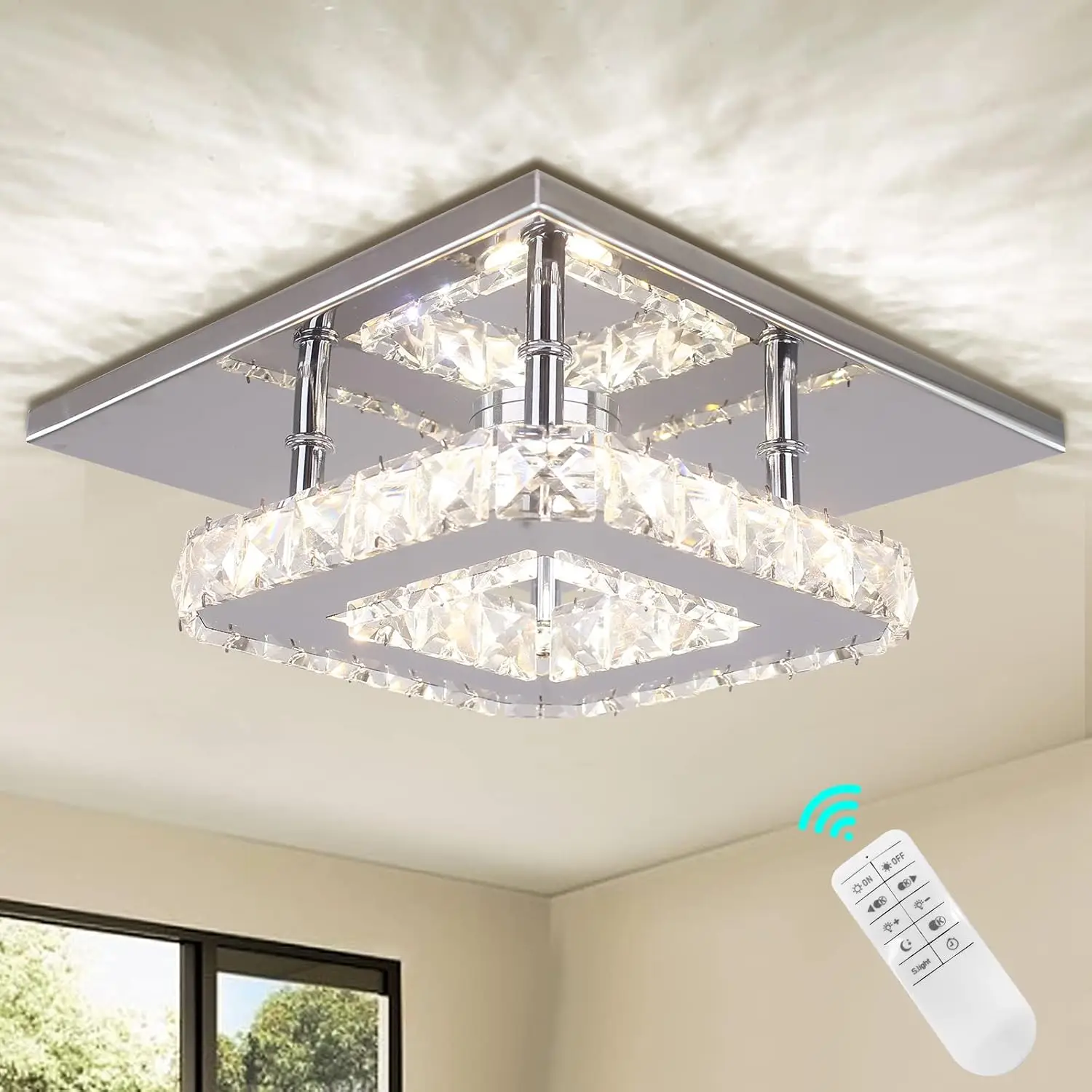 

Dimmable Mini LED Chandeliers Modern Crystal Chandelier 7.9 Inches Led Ceiling Light Square Flush Mount Ceiling Light