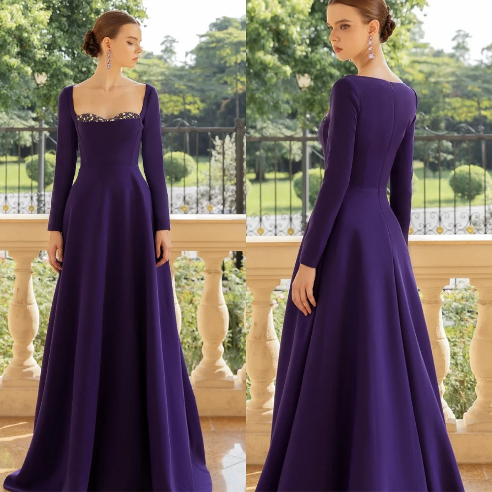 

Customized Graceful Blue-purple Jersey Evening Dress Classic Square Collar Long Sleeves Zipper Back Special Occasion Gowns