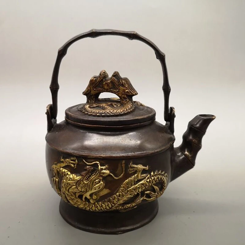 Antiqued gilded copper double home living room decoration antique copperware brass teapot and wine pot ornament