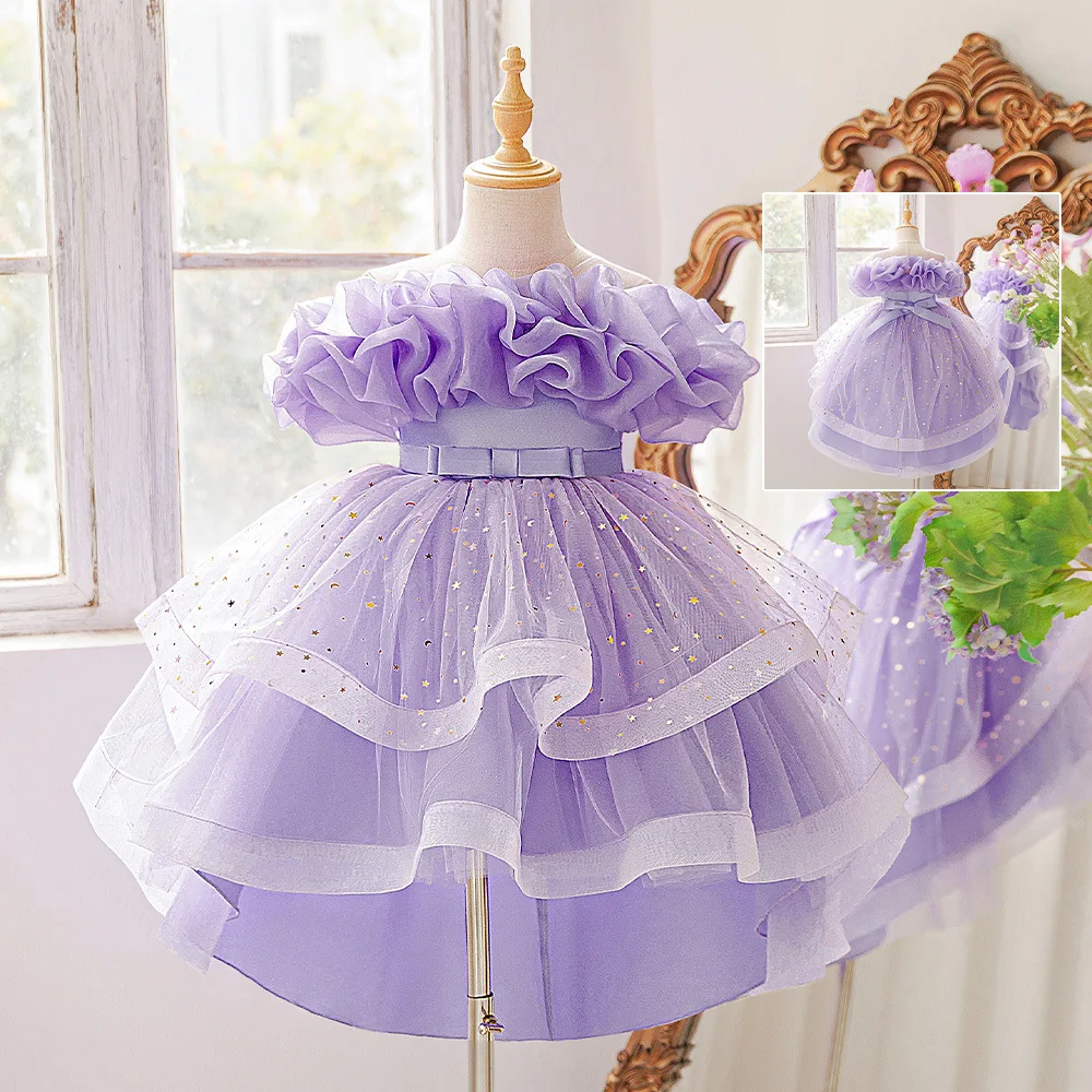New sleeveless mesh one shoulder dress with sequins, tailcoat skirt, starry sky trailing princess skirt