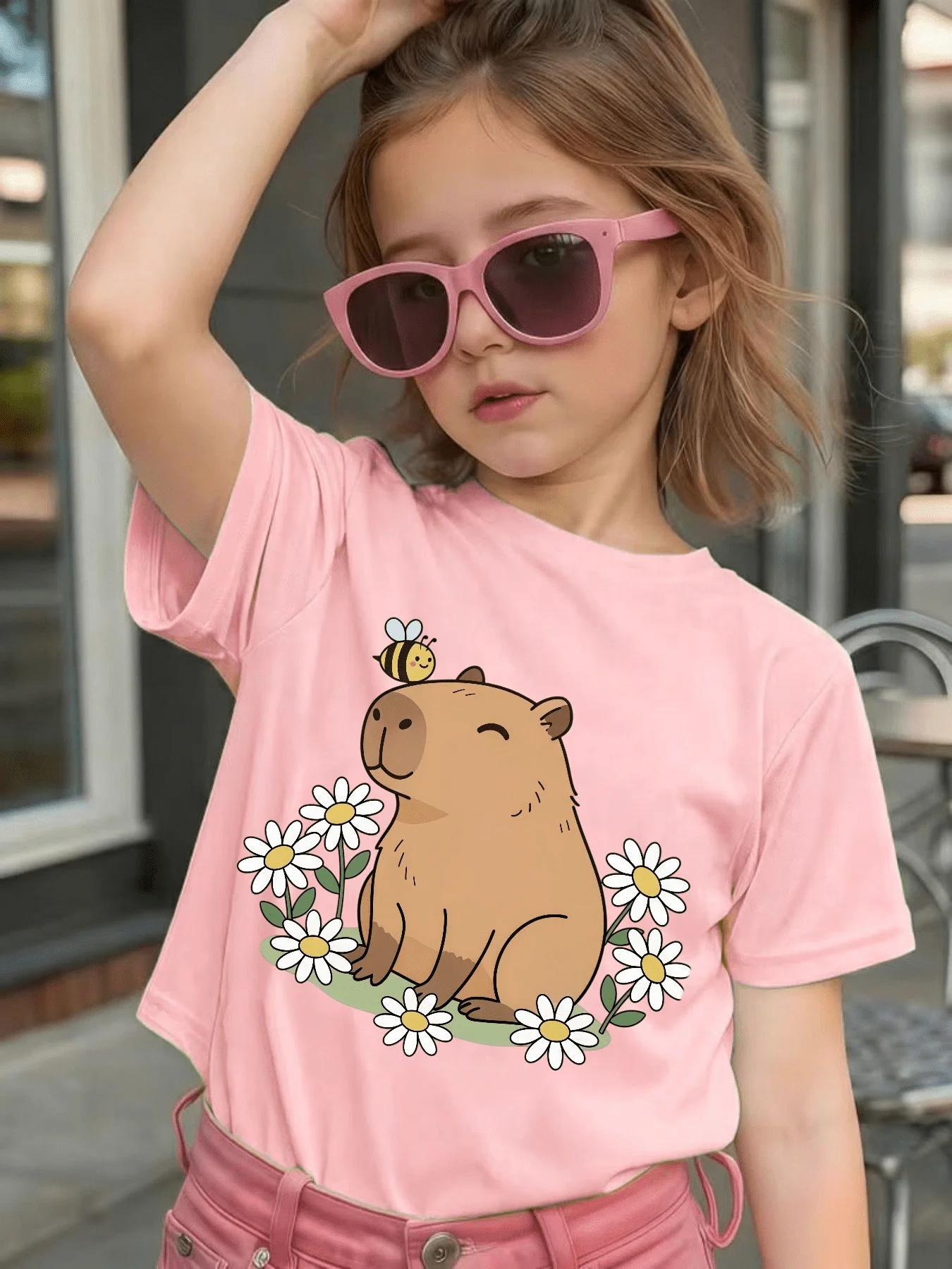 Capybara Bee Daisy Floral Print Kids T Shirt Cotton Short Sleeve Boys Girls Parent Child Nature Summer Casual Tees