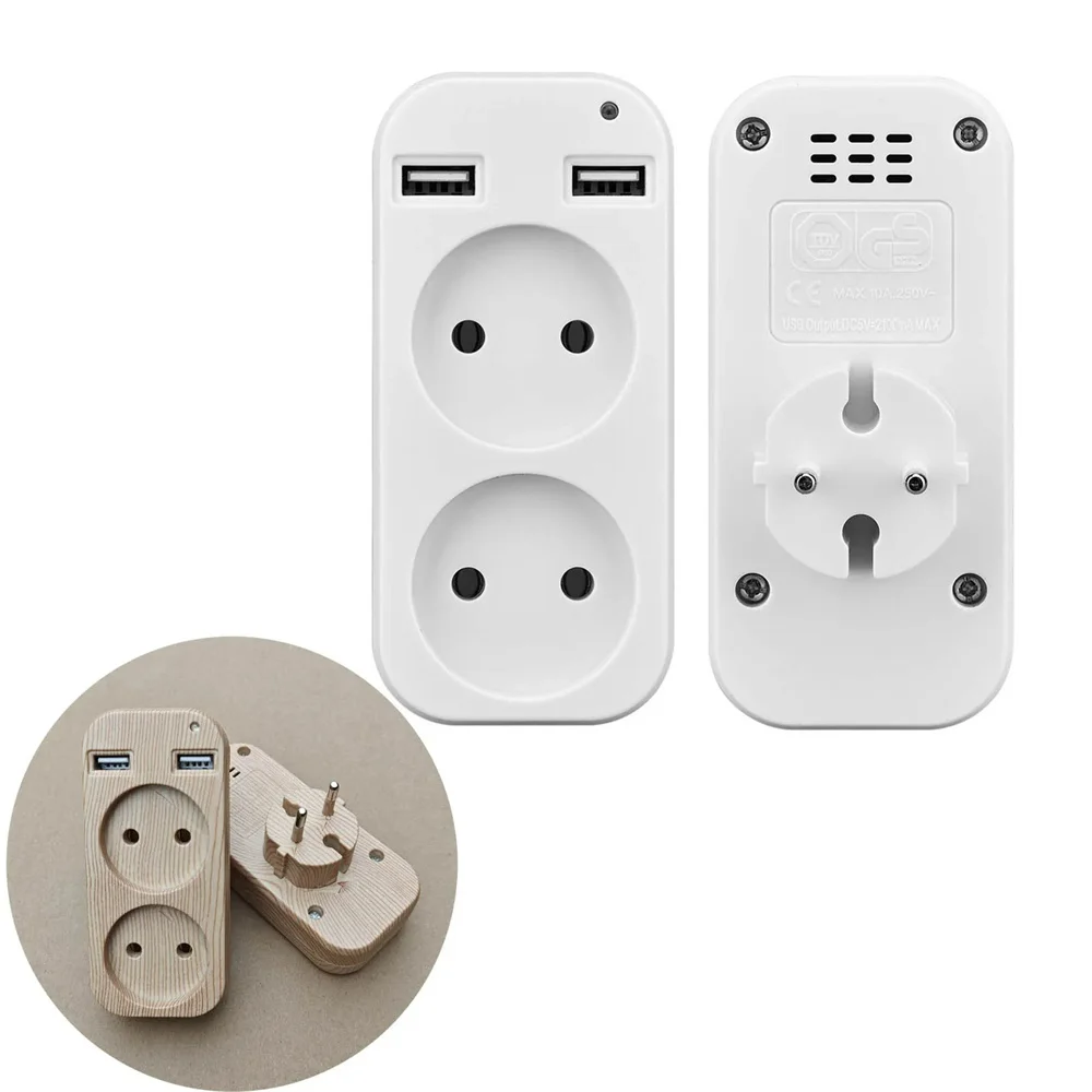 Adaptador de enchufe de viaje de la UE, 2 puertos USB, 5V, 2,1a, 1200W, 250V, salida Universal para Alemania, Francia, Rusia, España, Italia, Grecia, Corea, Japón