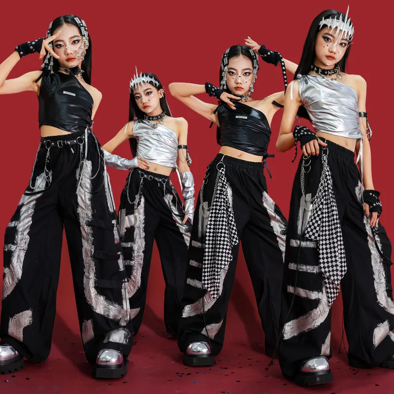 Girls K-pop Shiny Crop Top Skirts Street Dance Cargo Pants Kids Hip Hop Jazz Girl Group Clothes Sets Children Streetwear Costume
