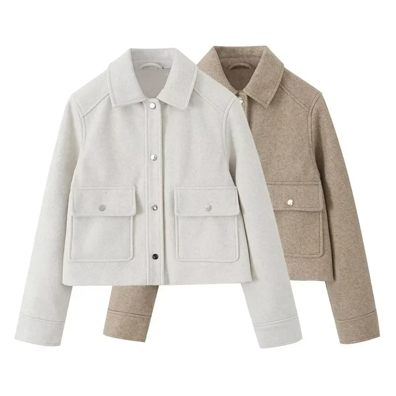 

Women Fashion Woolen Coats 2023 Winter Trend Cotton White and Khaki Lapel Jackets Woman Warm Streetwear Mujer Casaco Y2k