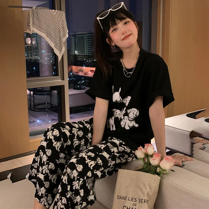 Cartoon Dog Print Summer T-Shirts + Trousers Suit Two Piece Pajamas Set Vintage Y2K Sleepwear Casual Streetwear Home Suit Cotton