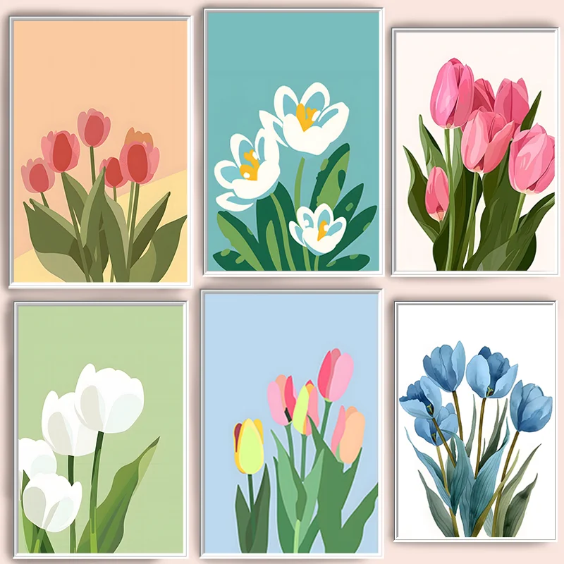 Minimalist Modern Highly Decorative Fresh Color Tulip Flower Illustration Poster For Modern Home Wall Art Decor Canvas Printing