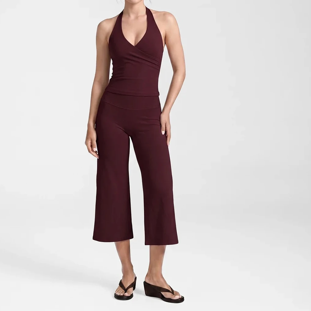 C-B Women Halter V Neck Wrap Tank Top High Waist Wide Leg Seven Length Yoga Capri Pants 2 Piece Stretch Workout Matching Set