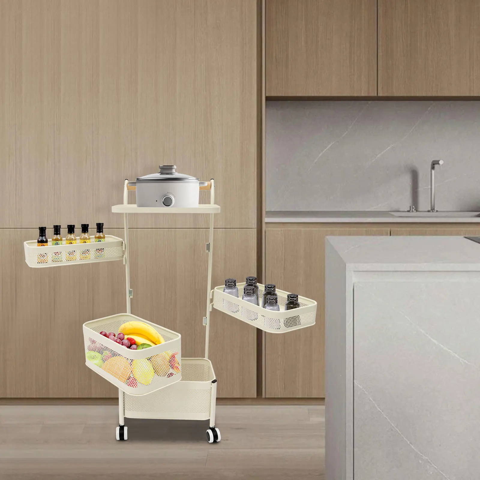 5-Tier Rolling Storage Rack with 180° Swivel Mesh Baskets, White Kitchen Utility Cart with Wheels & Brakes, Space-Saving Organizer for Home Office, Carbon Steel view 5