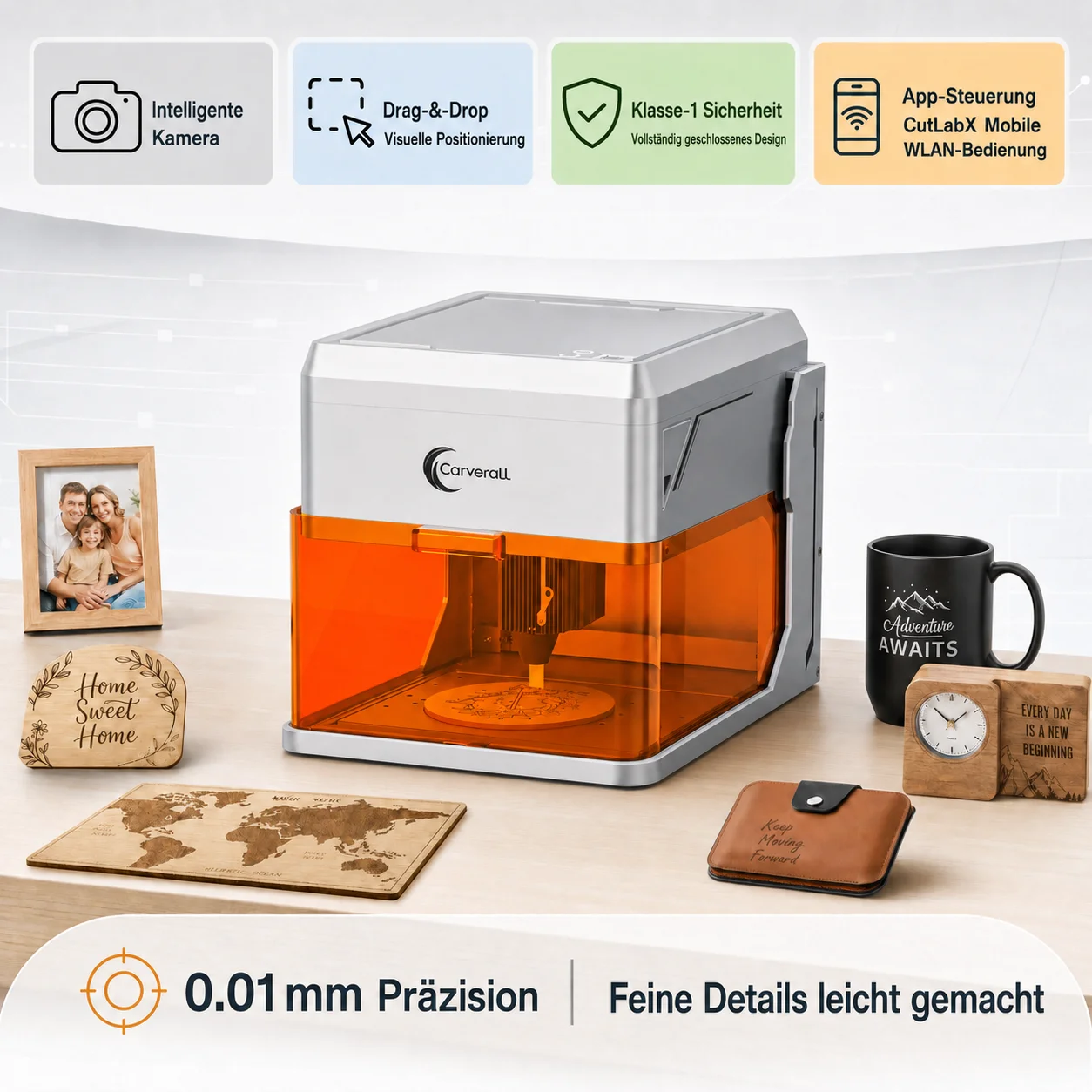 Carverall A1PRO 5W/10W Lasergravurmaschine mit HD Kamera, Klasse 1 Geschlossen Lasercutter, 15000mm/min Plug & Play, WiFi App, für Holz Leder Lackiertes Metall, 3-Stufen Höhe, Home DIY Kleingewerbe