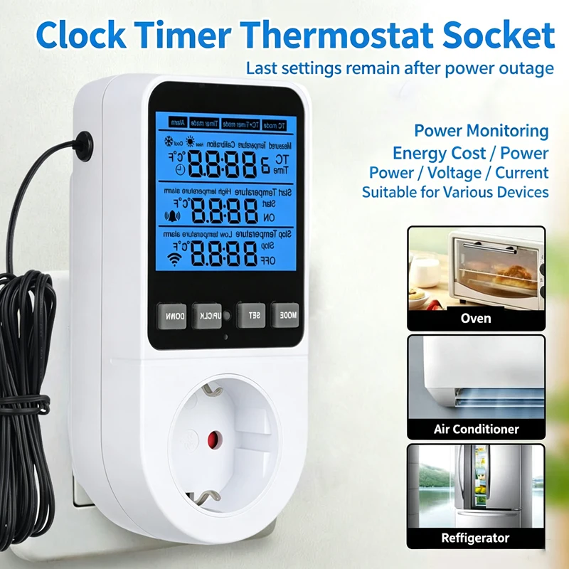 Digital Temperature Controller Socket EU Plug Timer Thermostat Socket With Sensor Probe Heating Cooling Temperature Control