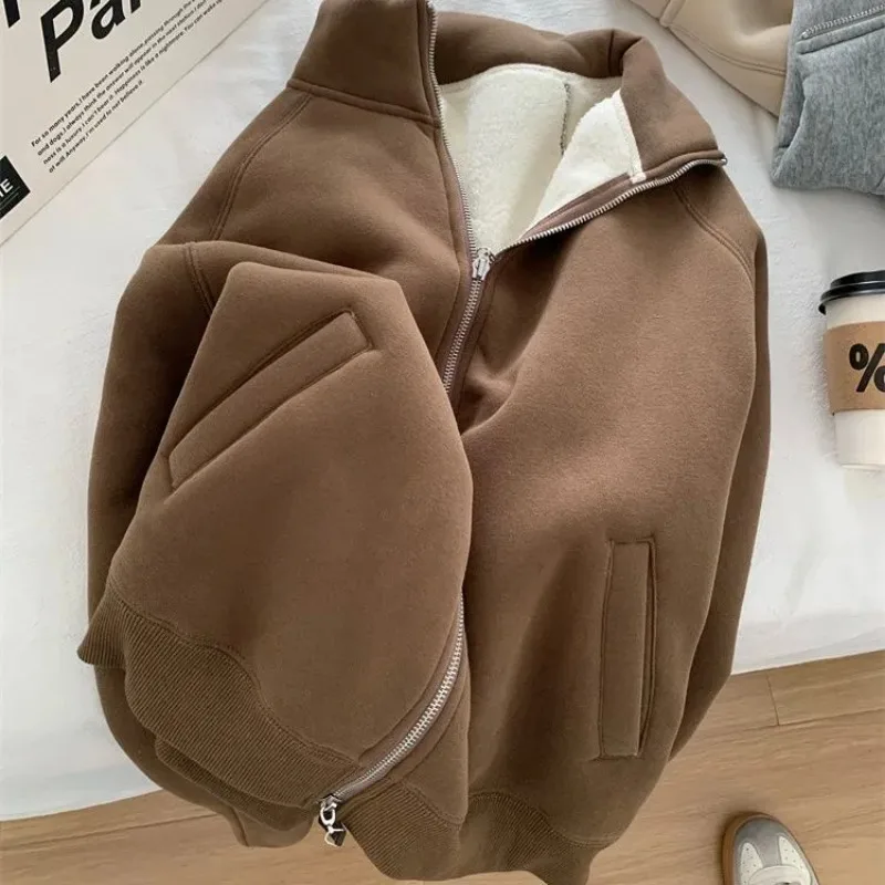 Winter Thickened Lamb Velvet Sweatshirt Coat for Women Commuting Versatile Warm Casual Stand Collar Zipper Cardigan