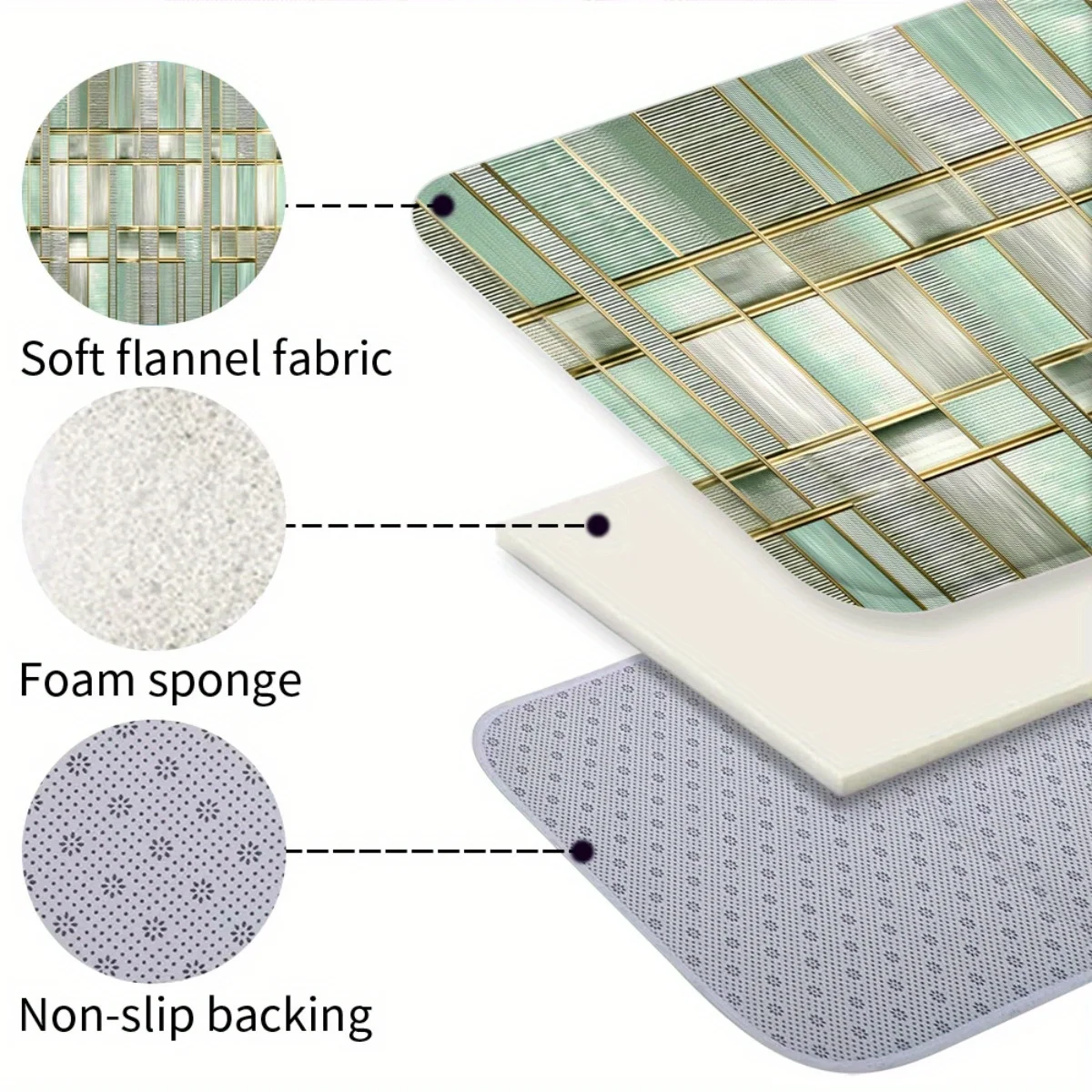 Mint Green Gold Line Tile Runner Mat Anti Slip Absorbent Rug Gloss Striped Square Print Carpet for Bedroom Kitchen Bathroom Room