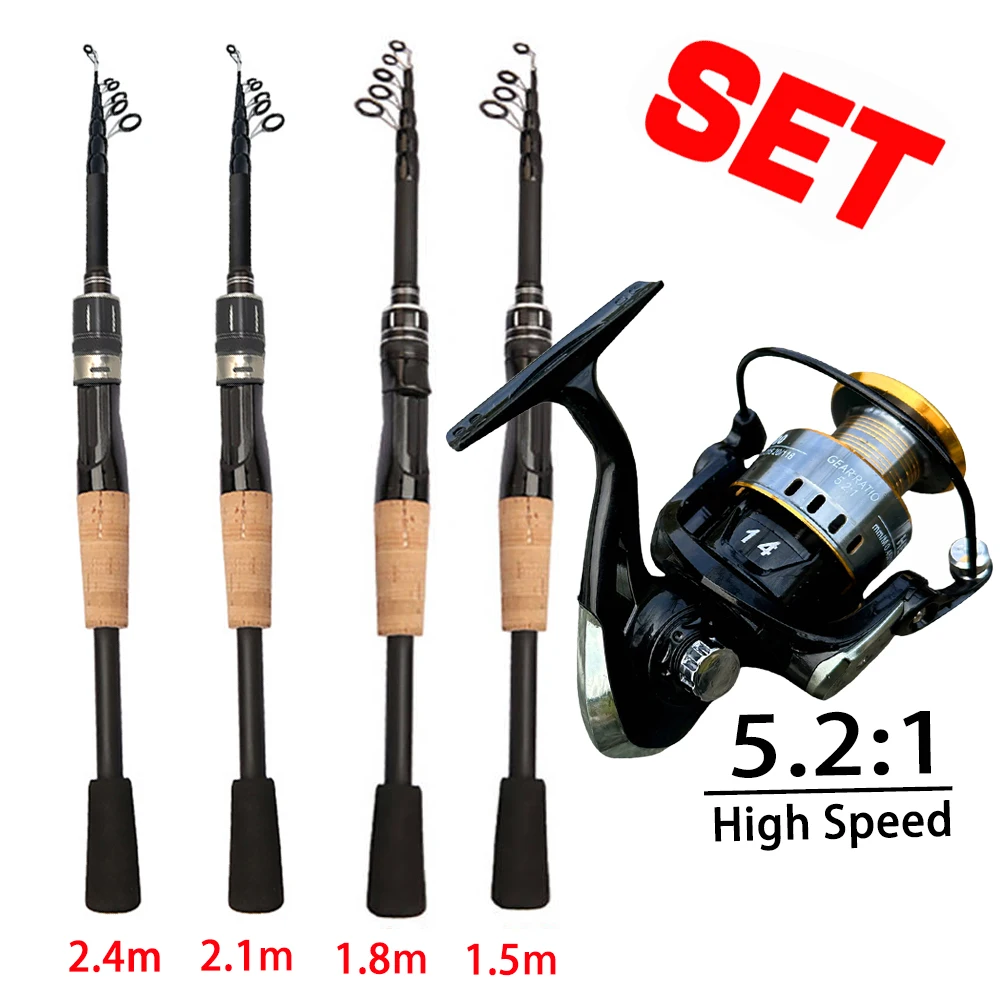 Ghotda-caña de pescar giratoria, Combo de carrete, 1,5 M, 1,8 M, 2,1 M, 2,4 M, caña telescópica con alta velocidad 5,2: 1, carrete de pesca giratorio, juego de viaje