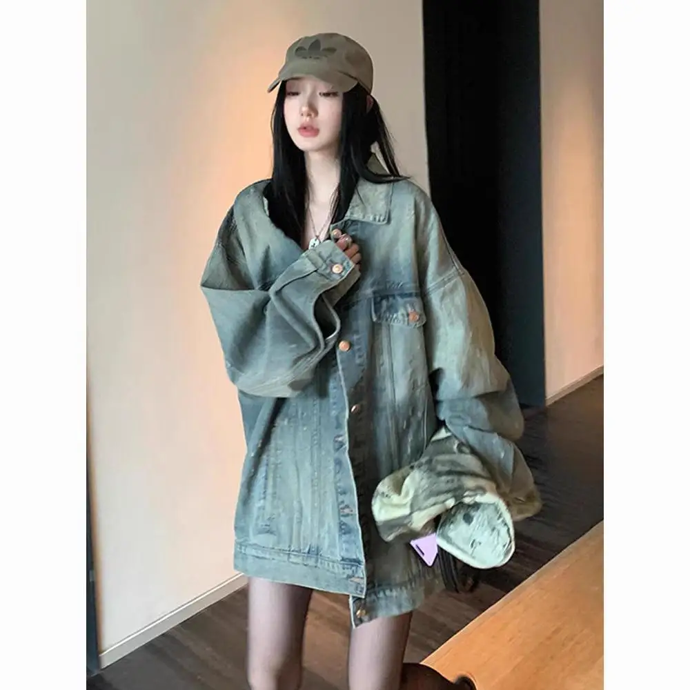 Early Autumn American Retro Washed Old Denim Jacket Women's Medium and Long Loose Spring and Autumn New Jacket Top