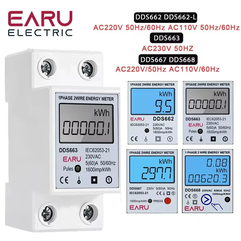 Din Rail 220V LCD Digital Backlight Energy Meter Power kWh Compsumption Monitor Voltage Current Warrmeter Adjustable Resset Zero