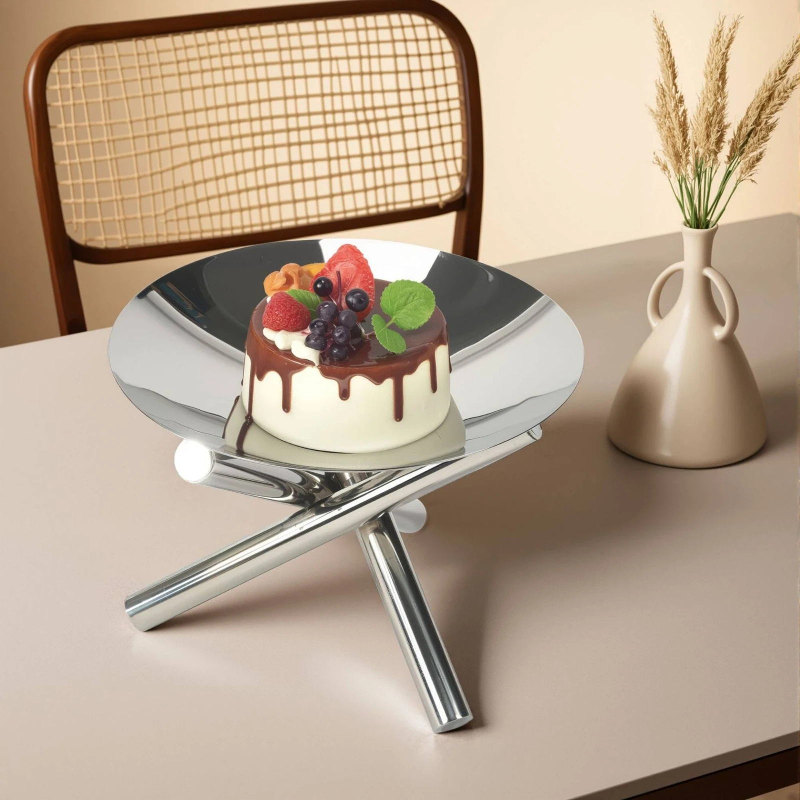 Round Tray Stand Reflective Stainless Steel Tray Stand Stainless Steel Platter Modern Houseware Easy to Clean