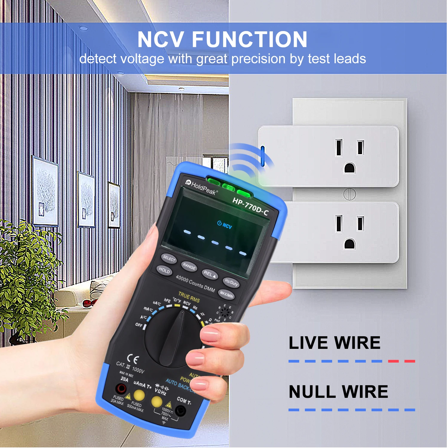 Imagem -03 - Lcd Multímetro Digital ac dc Ohm Volt Amp Capacitor Tester40000 Contagens True Rms Alcance Automático Medida Multimetro Hp770d-c