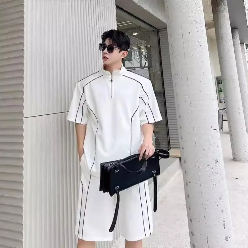 Korean Inspired Men's Sportswear Set Loose Fit Half Zip T-Shirt Shorts Casual Summer Outfit Trendy Breathable Quick Dry 2 Piece