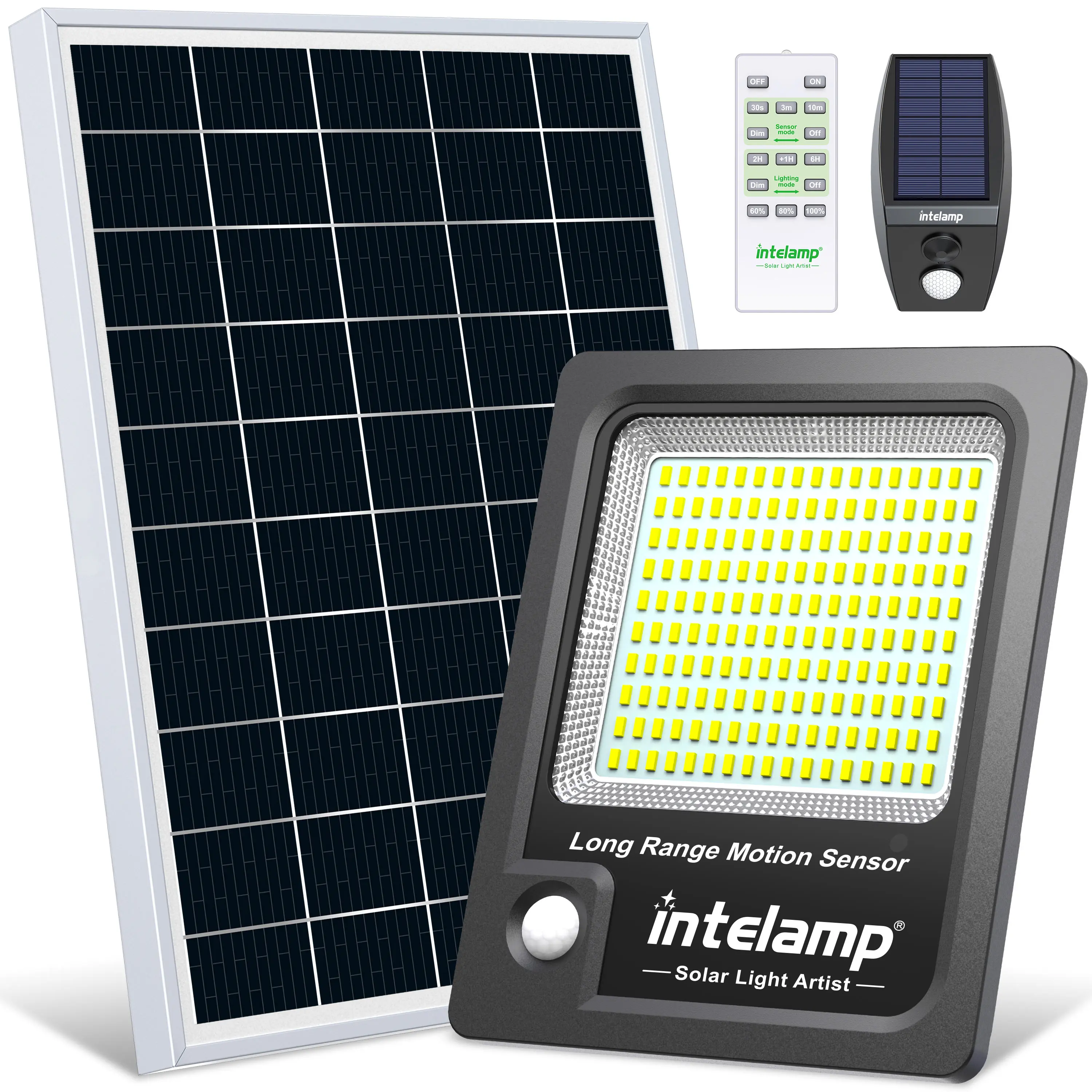 Projecteurs solaires Intelamp 12000mAh 3000LM pour extérieur, IP65, avec grand panneau solaire et capteurs de mouvement, lampes de sécurité solaires